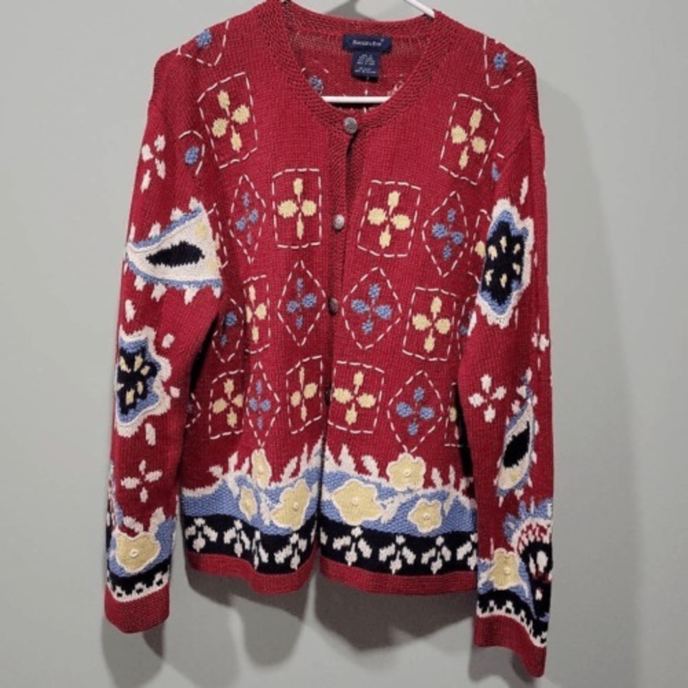 Vintage Y2K Eagles Eye Cardigan Sweater Women XL‎ Unique Statement Geometric Red